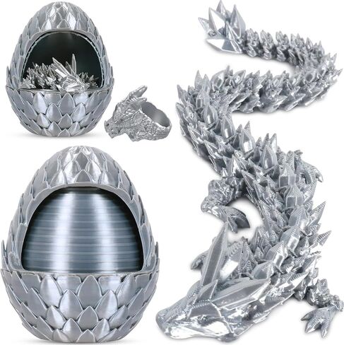 3D Printed Dragon Egg, Easter Egg with Dragon Inside, Pearlescent for Easter Basket Stuffer & Birthday Party Gift Silver in Kuwait