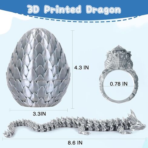 3D Printed Dragon Egg, Easter Egg with Dragon Inside, Pearlescent for Easter Basket Stuffer & Birthday Party Gift Silver in Kuwait
