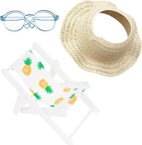 Accessories Set for 17cm Doll,Miniature Beach Sun Hat/Sunglasses/Wooden Folding Beach Chairs for Dolls Accessories,No Doll(C#1) in Kuwait