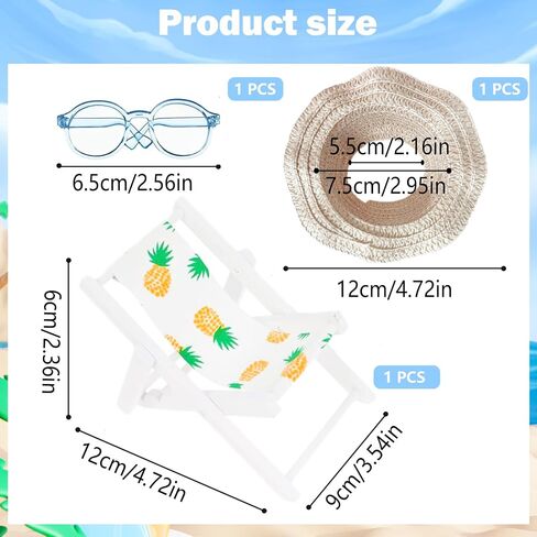 Accessories Set for 17cm Doll,Miniature Beach Sun Hat/Sunglasses/Wooden Folding Beach Chairs for Dolls Accessories,No Doll(C#1) in Kuwait
