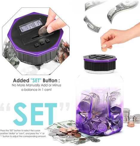 X-Large Piggy Bank for Adults Kids, Vcertcpl Digital Coin Counting Bank with LCD Counter, 2.4L Capacity, Great Coin Counter Bank Money Counting Jar with Total Amount Displayed (Purple) in Kuwait