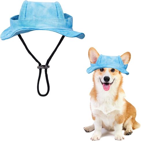 Dog Sun Hat,1PC Adjustable Princess Dog Bucket Hat with Ear Holes,Round Brim Dogs Visor Cap Pet Fisherman Hat for Pupies Small Dogs Cat Outdoor Sport (Blue, Medium) in Saudi Arabia