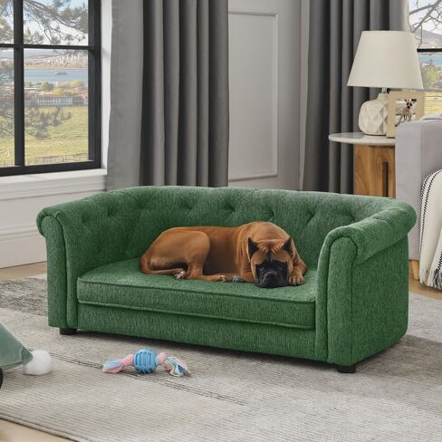 Pet Sofa with Arc-Shaped Backrest and Armrests, Contemporary Rectangular Pet Sofa Crafted from Breathable Linen, Cozy Soft Cushion Dog Sofa (Green + Foam) in Saudi Arabia