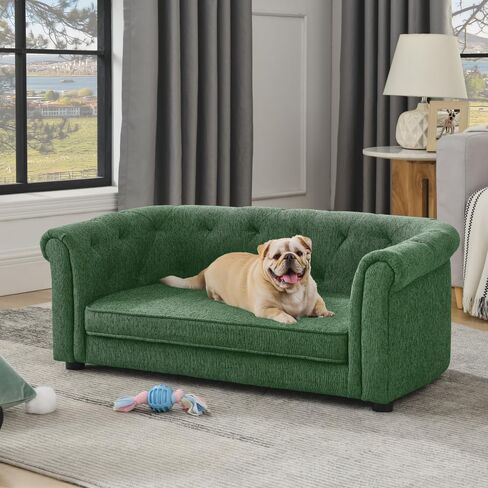 Pet Sofa with Arc-Shaped Backrest and Armrests, Contemporary Rectangular Pet Sofa Crafted from Breathable Linen, Cozy Soft Cushion Dog Sofa (Green + Foam) in Saudi Arabia