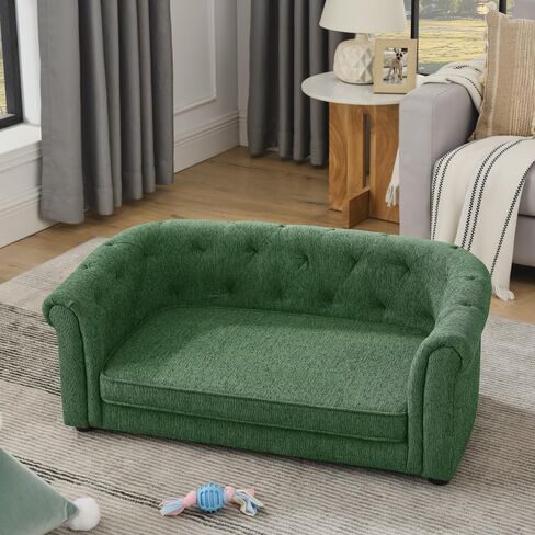 Pet Sofa with Arc-Shaped Backrest and Armrests, Contemporary Rectangular Pet Sofa Crafted from Breathable Linen, Cozy Soft Cushion Dog Sofa (Green + Foam) in Saudi Arabia