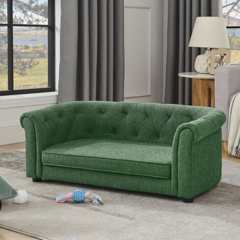 Pet Sofa with Arc-Shaped Backrest and Armrests, Contemporary Rectangular Pet Sofa Crafted from Breathable Linen, Cozy Soft Cushion Dog Sofa (Green + Foam) in Saudi Arabia