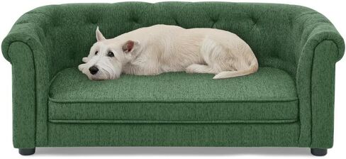 Pet Sofa with Arc-Shaped Backrest and Armrests, Contemporary Rectangular Pet Sofa Crafted from Breathable Linen, Cozy Soft Cushion Dog Sofa (Green + Foam) in Saudi Arabia