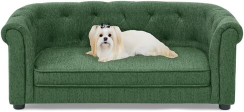 Pet Sofa with Arc-Shaped Backrest and Armrests, Contemporary Rectangular Pet Sofa Crafted from Breathable Linen, Cozy Soft Cushion Dog Sofa (Green + Foam) in Saudi Arabia