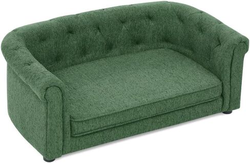 Pet Sofa with Arc-Shaped Backrest and Armrests, Contemporary Rectangular Pet Sofa Crafted from Breathable Linen, Cozy Soft Cushion Dog Sofa (Green + Foam) in Saudi Arabia