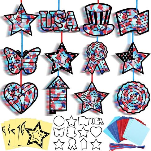 Amsoingspark 36 Set 4th of July Suncatcher Paper Crafts Kit Diy Diy Day Independence Effect Effect Paper Paper Hanging Suncatchers Decor in Kuwait