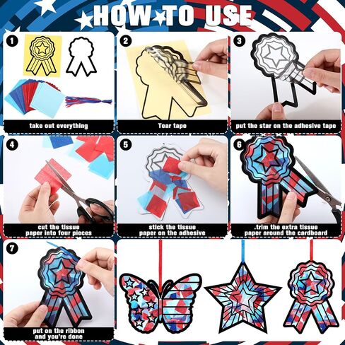 Amsoingspark 36 Set 4th of July Suncatcher Paper Crafts Kit Diy Diy Day Independence Effect Effect Paper Paper Hanging Suncatchers Decor in Kuwait