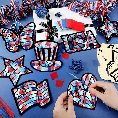 Amsoingspark 36 Set 4th of July Suncatcher Paper Crafts Kit Diy Diy Day Independence Effect Effect Paper Paper Hanging Suncatchers Decor in Kuwait