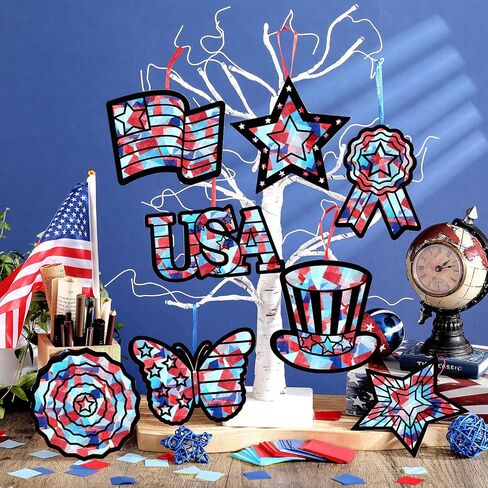 Amsoingspark 36 Set 4th of July Suncatcher Paper Crafts Kit Diy Diy Day Independence Effect Effect Paper Paper Hanging Suncatchers Decor in Kuwait