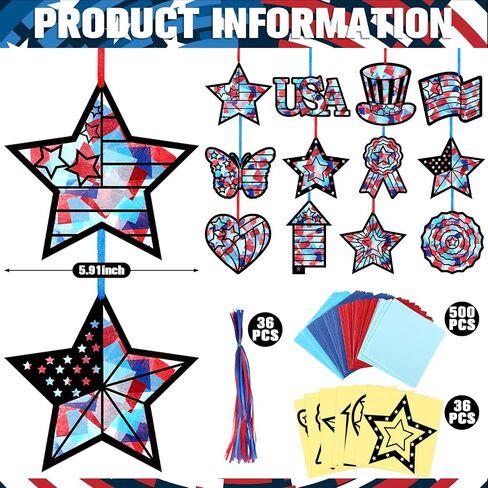 Amsoingspark 36 Set 4th of July Suncatcher Paper Crafts Kit Diy Diy Day Independence Effect Effect Paper Paper Hanging Suncatchers Decor in Kuwait