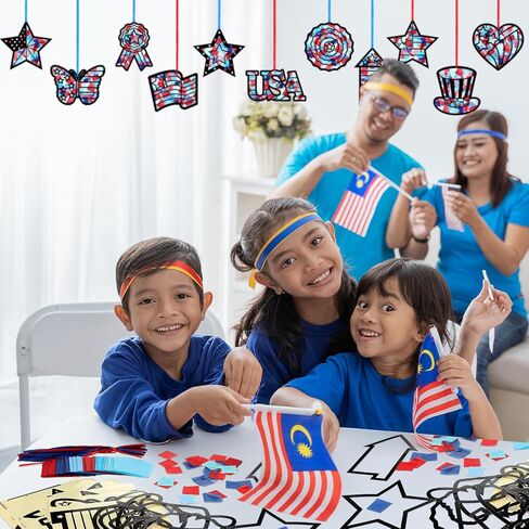 Amsoingspark 36 Set 4th of July Suncatcher Paper Crafts Kit Diy Diy Day Independence Effect Effect Paper Paper Hanging Suncatchers Decor in Kuwait
