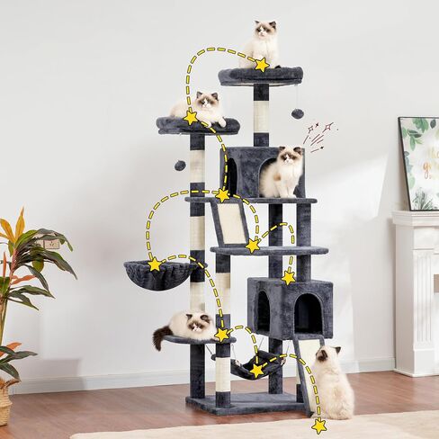 Cat Tree, 71'' (180cm) Cat Tower for Indoor Cats Large Adult, Multi-Level Cat Tree Tower with 2 Scratching Boards/Posts, 2 Plush Perches, 2 Cat Condos, Hammock, Smoky Gray GCT032G in Kuwait