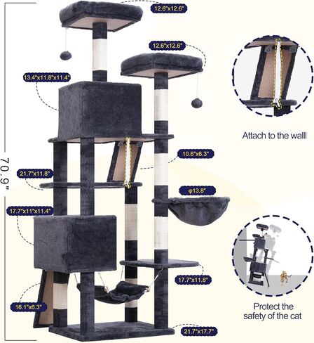 Cat Tree, 71'' (180cm) Cat Tower for Indoor Cats Large Adult, Multi-Level Cat Tree Tower with 2 Scratching Boards/Posts, 2 Plush Perches, 2 Cat Condos, Hammock, Smoky Gray GCT032G in Kuwait