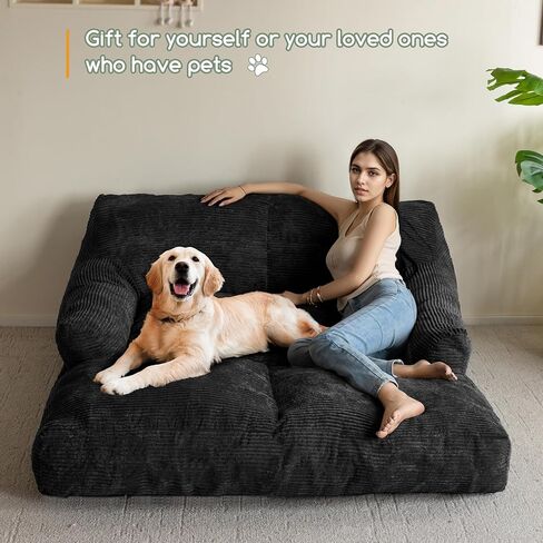 HIGOGOGO Giant Human Dog Sofa Bed, Extended Large Comfy Floor Couch for Pet Families, Corded Fabric Orthopedic Dog Bed for Human with Supportive Foam & Anti-Slip Bottom, XXXL Size, Orange in Kuwait
