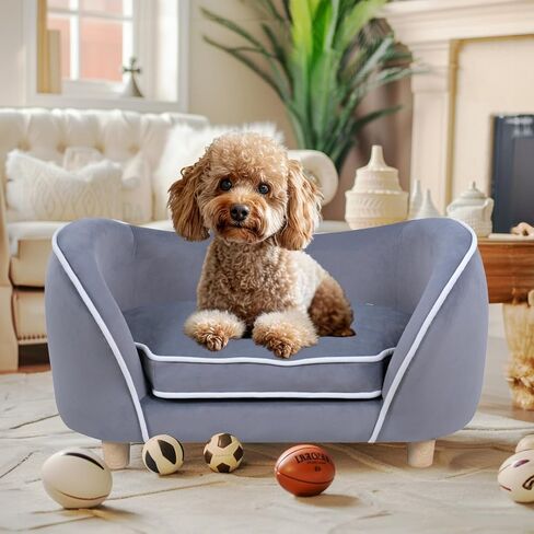 27'' Pet Sofa Bed for Small Dogs and Cats with Soft Cushion, Removable Cover, Wooden Legs, Gray in Saudi Arabia