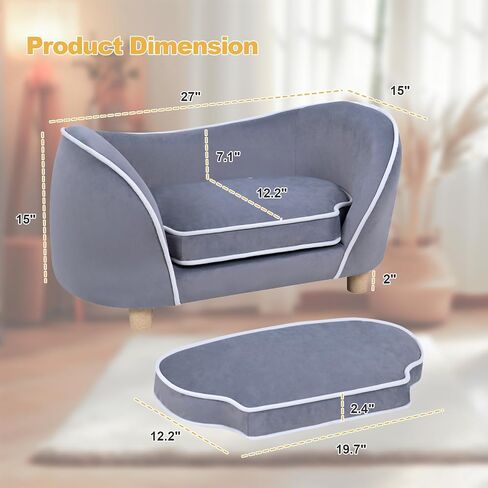 27'' Pet Sofa Bed for Small Dogs and Cats with Soft Cushion, Removable Cover, Wooden Legs, Gray in Saudi Arabia