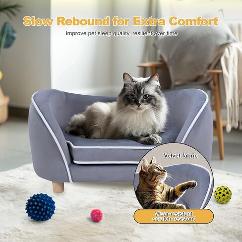 27'' Pet Sofa Bed for Small Dogs and Cats with Soft Cushion, Removable Cover, Wooden Legs, Gray in Saudi Arabia