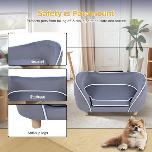 27'' Pet Sofa Bed for Small Dogs and Cats with Soft Cushion, Removable Cover, Wooden Legs, Gray in Saudi Arabia