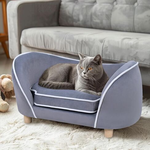 27'' Pet Sofa Bed for Small Dogs and Cats with Soft Cushion, Removable Cover, Wooden Legs, Gray in Saudi Arabia