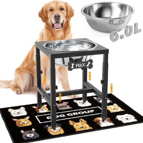 1.6 Gallon Elevated Dog Water Bowl for Large Dogs, 4-Height Adjustable (15–20'') Raised Stainless Steel Bowl with Spill-Proof Mat & Sturdy Metal Stand, Easy-Clean Feeder for Indoor/Outdoor Use