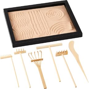 8 Pcs Mini Zen Garden Kit for Desk Decor DIY Your Own Zen Garden 8.5" x 6.7" Japanese Sand Tray 6 Rake Tools Meditation Gifts Set for Home Office Desktop Accessories Therapy Stress Relief