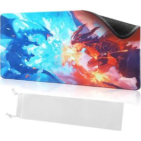 LZSIG MTG Playmat 24 x 14 inches, TCG Game Mat with Non-Slip Rubber Base, Smooth Surface for Trading Cards, Storage Bag Included – Red Blue Twin Dragon Design