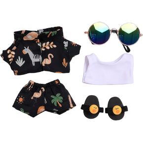 Clothes Accessories for Dolls, Stylish Kawaii Beach Suit Outfit Set 5 Pieces Suitable for 17cm Doll Suit, Casual Style Doll Clothing Set Replacement with Glasses T-Shirt Pants Shoes