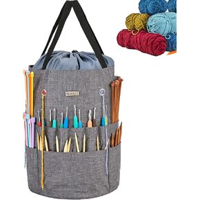 HOMEST Large Crochet Bag with Customized Front Compartment for Knitting Accessories, Yarn Storage with 6 Oversized Grommets, Tote Organizer with Drawstring Closure, Gray