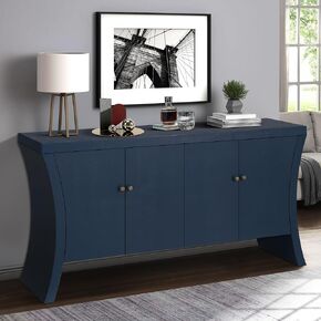 Refined Industrial 4-Door Navy Blue Credenza – Solid Wooden Arc Legs & Bronze Clasps, Advanced Storage Design, Durable Craftsmanship for/Office (4 Doors)
