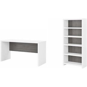 Pemberly Row Set of 2 60W Credenza Desk & 5-Shelf Bookcase in White & Gray