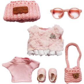 6 Piece 17cm Doll Clothes, Outfit Set with Accessories for 17cm Dolls, Denim Style Outfit Set with T-Shirt + Denim Overalls + Canvas Sneakers + Denim Hat + Mini Camera + Glasses, No Doll Included