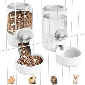0.9L Hanging Automatic Cat Water Dispenser, 1.3L Auto Gravity Pet Feeder, Cage Cat Dog Food and Water Dispenser Set for Kitten Puppy Bunny Guinea Pig (Gray)