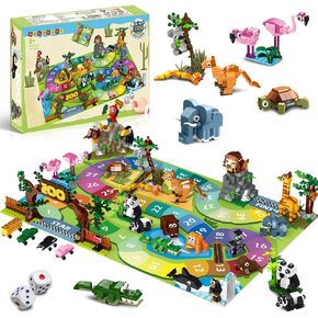 HOGOKIDS Zoo Building Sets Board Game with 2 Dice - 23 Animals 4 Animal Cars Toys & Play Mat, 9 Pack Party Favors for Kids Classroom Prizes Fillers Goodie Bag, Birthday Gifts for Kids Boys Girls 6+