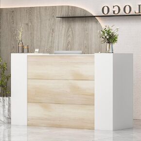 Reception Desk, Front Counter Desk with Lockable Door & Adjustable Shelves, Reception Table Wooden Computer Desk for Office Reception Room, White