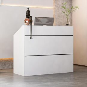 Reception Desk with Counter, Modern Front Desk Reception Room Table, 47.2 inch Checkout Counter Table for Lobbies, Salons, Retail, White with Black Stripe Decor