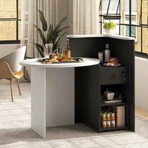 Reception Desk, Small Retail Checkout Counter with Lockable Drawer and Open Shelves, Wooden Front Desk Reception Counter, Oval Desktop & L Counter for Store Office Lobby Salon (Black)