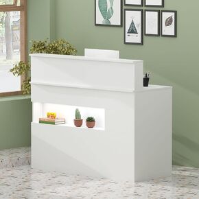 FAMAPY Reception Desk Front Counter Desk with Lights, Reception Counter for Sale, Lockable Drawers & Cabinet, for Clinic Salon White (47.2"W x 19.7"D x 39.2"H)