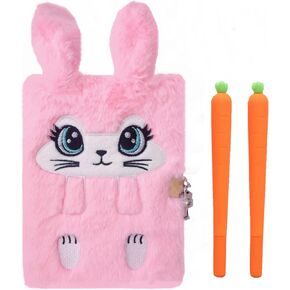 Bunny Diary with Lock for Girls,Kids Cute Fuzzy Journal Girls Fluffy Rabbit Notebook Age 8-12 Set with 2 Carrot Pens for Easter Day，Birthday,New Year