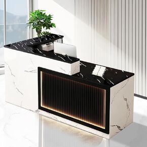 Thcbme Reception Desk with Lockable Drawer Office Front Desk Checkout Counter Wooden Reception Table for Beauty Salon Lobby Shop Retail White and Brown Left 79inch/200cm