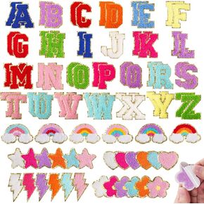 82 Pcs Chenille Letter Patches Multi-Color Self Adhesive Patches A-Z Chenille Sticker Patches - Cute Star Lightning Heart Rainbow Letter Stickers for Hats Backpacks DIY Clothing