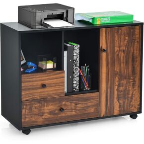 Giantex Mobile Filing Cabinet 2 Drawers, Large Storage Cabinet, Printer Stand on Wheels, Wood Lateral Industrial File Organizer with Open Shelves for Home and Office Use(Black+Brown, 4 Wheels)