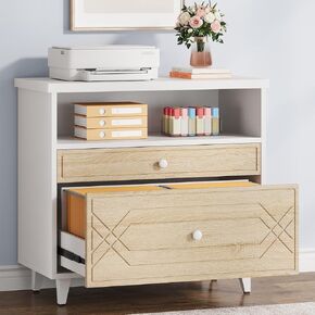 Lateral File Cabinet with Shelf, 2 Drawer Filing Cabinet for A4/Letter/Legal Size, Modern Industrial Office Storage Cabinet Printer Stand for Home Office, White and Light Brown