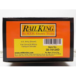 MTH RAILKING US Army Flat CAR W/Willy's Transport Jeep O Gauge 30-70124 (70124C-609030)
