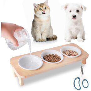3 Elevated Cat Food and Water Bowl Set with Stand，15°Tilted Raised Pet Dishes for Kittens/Puppy with 3 Ceremic Dishes, Indoor Cat Food Bowl，Anti-Vomit & Whisker Fatigue Relief, Dishwasher Safe