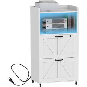 FNCK 2 Drawer File Cabinet with Wheels, Lateral Filing Cabinets with Lock and LED Light for Home Office, Large Wood Storage Printer Stand for Files Letter/Legal/F4/A4 Size with Charging Station
