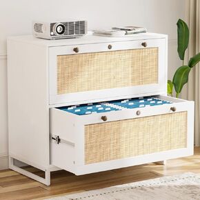 VINGLI White & Natural Rattan 2 Drawer Lateral File Cabinet with Lock, Wood Locking File Cabinets for Home Office, File Cabinet Printer Stand for Hanging Letter/Legal Size Folders, 30W x 16D x 28H